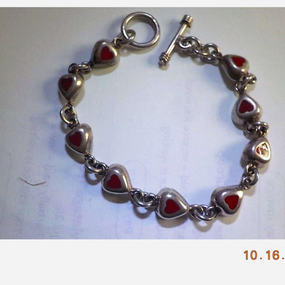 Vintage sterling silver heart bracket with red stone center 7 5/8  18.8g Mexico